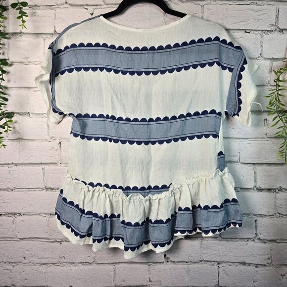 BOUTIQUE BOLD STRIPE CROP TOP RUFFLED HEM BLUE AND WHITE WOMENS SIZE MED - Picture 6 of 7